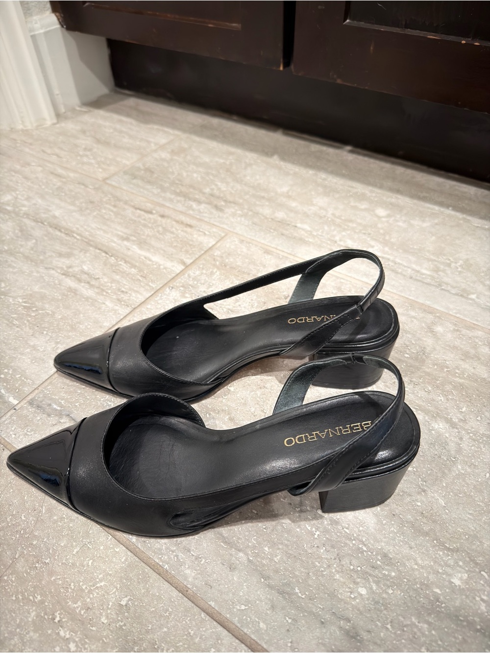 Bernardo Black Slingback Peep-Toe Heels with Patent Toe